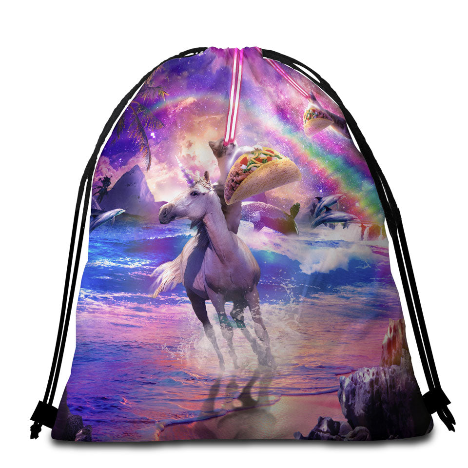 Crazy Funny Art Laser Space Cat on Unicorn Beach Towel Bags