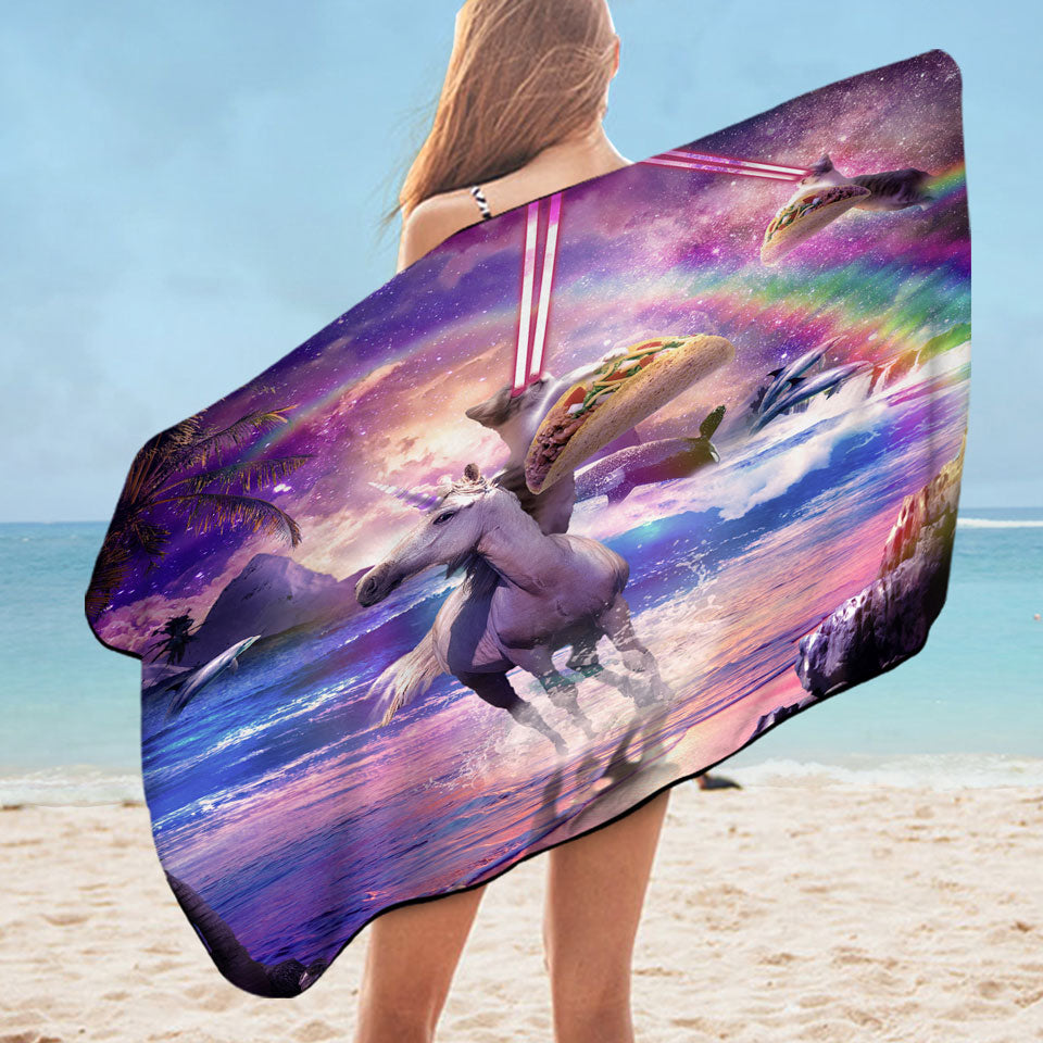 Crazy Funny Art Laser Space Cat on Unicorn Microfiber Beach Towel