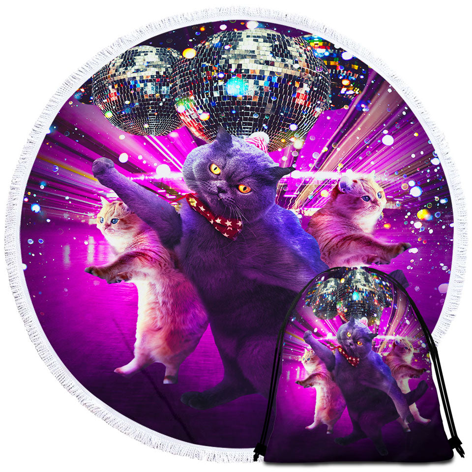 Crazy Funny Cats Round Beach Towel Cool Disco Cat Rave