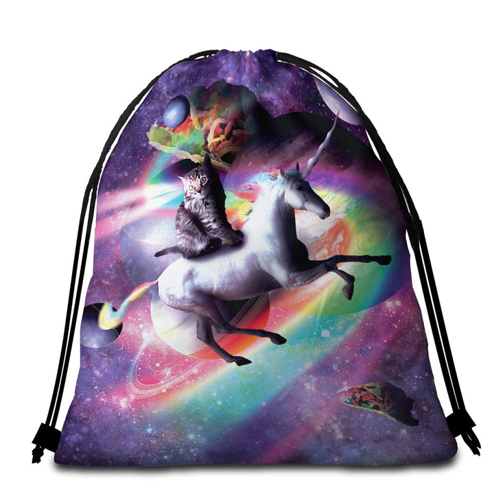 Crazy Funny Space Cat Riding Unicorn Beach Towel Bag