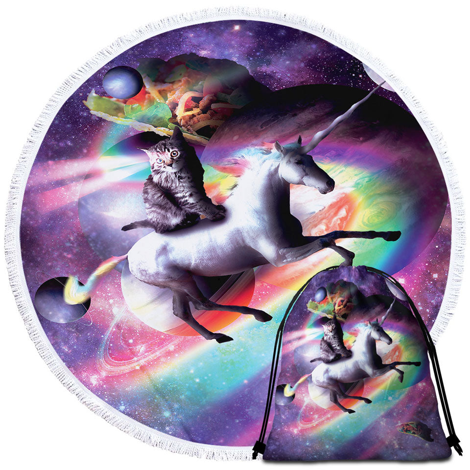 Crazy Funny Space Cat Riding Unicorn Beach Towels