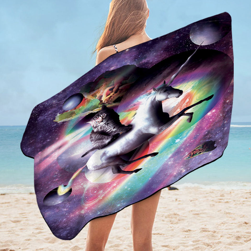 Crazy Funny Space Cat Riding Unicorn Pool Towels
