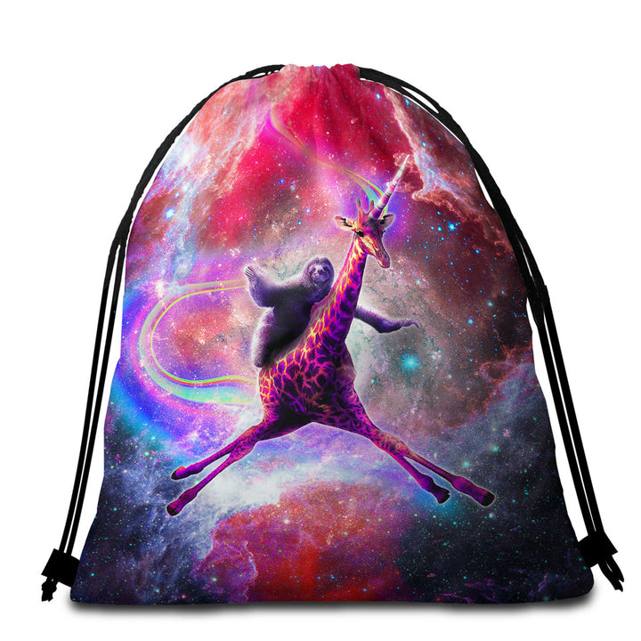 Crazy Funny Space Sloth Riding Giraffe Beach Bags and Towels
