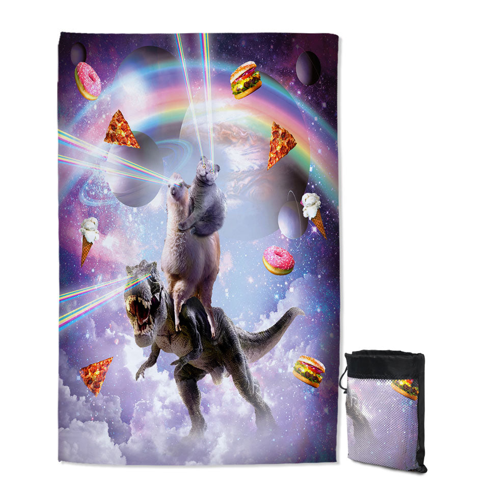 Crazy Microfiber Towels For Travel Space Art Funny Cat on a Llama on a Dinosaur