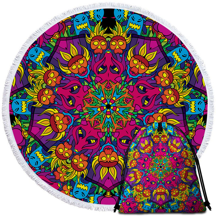 Crazy Purplish Demons Mandala Round Beach Towel