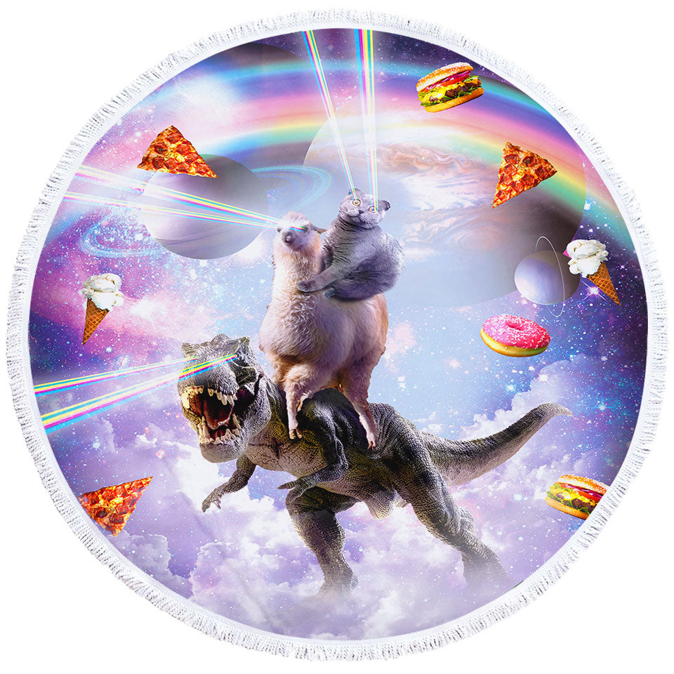 Crazy Round Beach Towel Space Art Funny Cat on a Llama on a Dinosaur