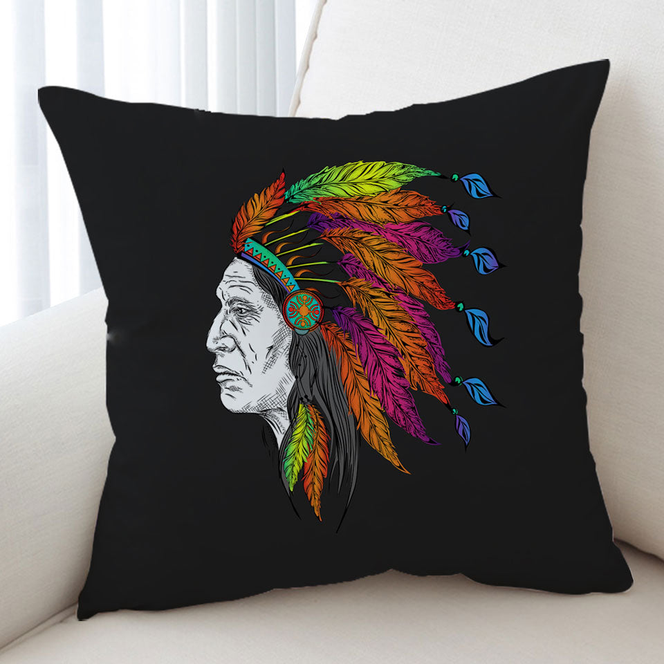 Cushion Cover of Colorful Feathers on a Tough Native American Chief