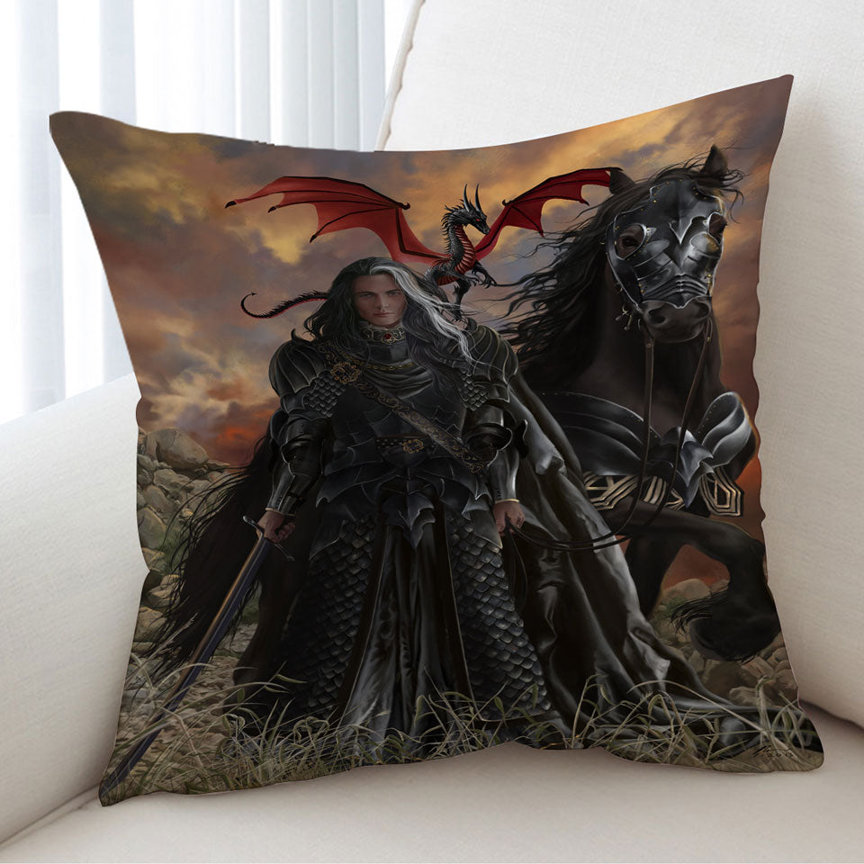 Cushion Covers with Black Knight with His Horse and Dragon