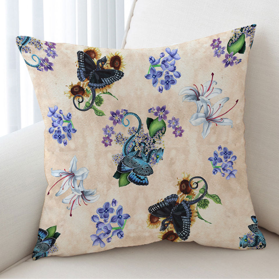 Cushion Covers with White Purple Flowers and Butterflies Dragons