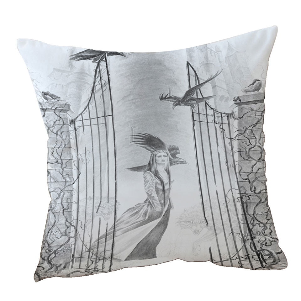 Cushion Coverts with Black and White Art Drawing Beauty in Castle