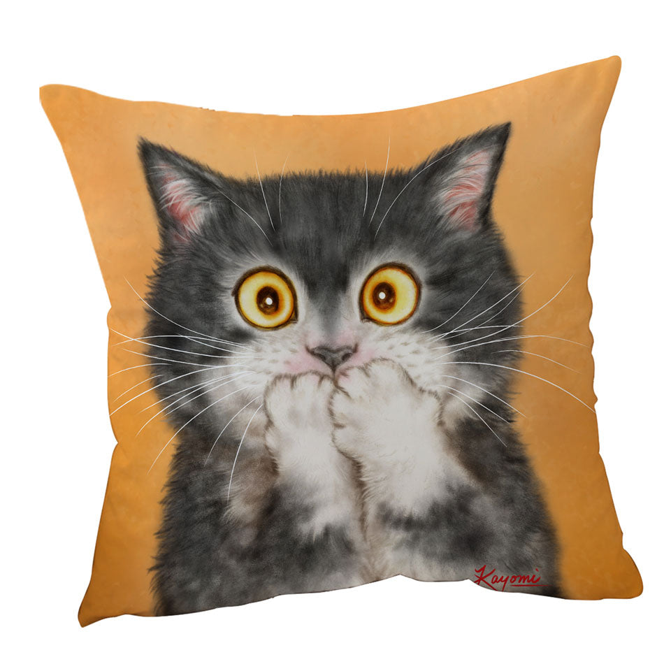 Cushion and Throw Pillow with Funny Painted Cats Grey Kitten in Shock