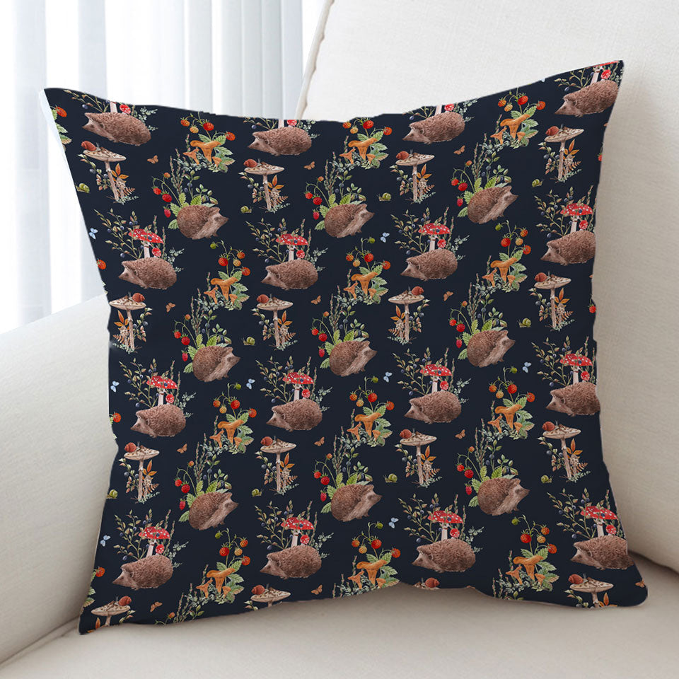 Cushion with Cute Hedgehog in a Mushroom Garden