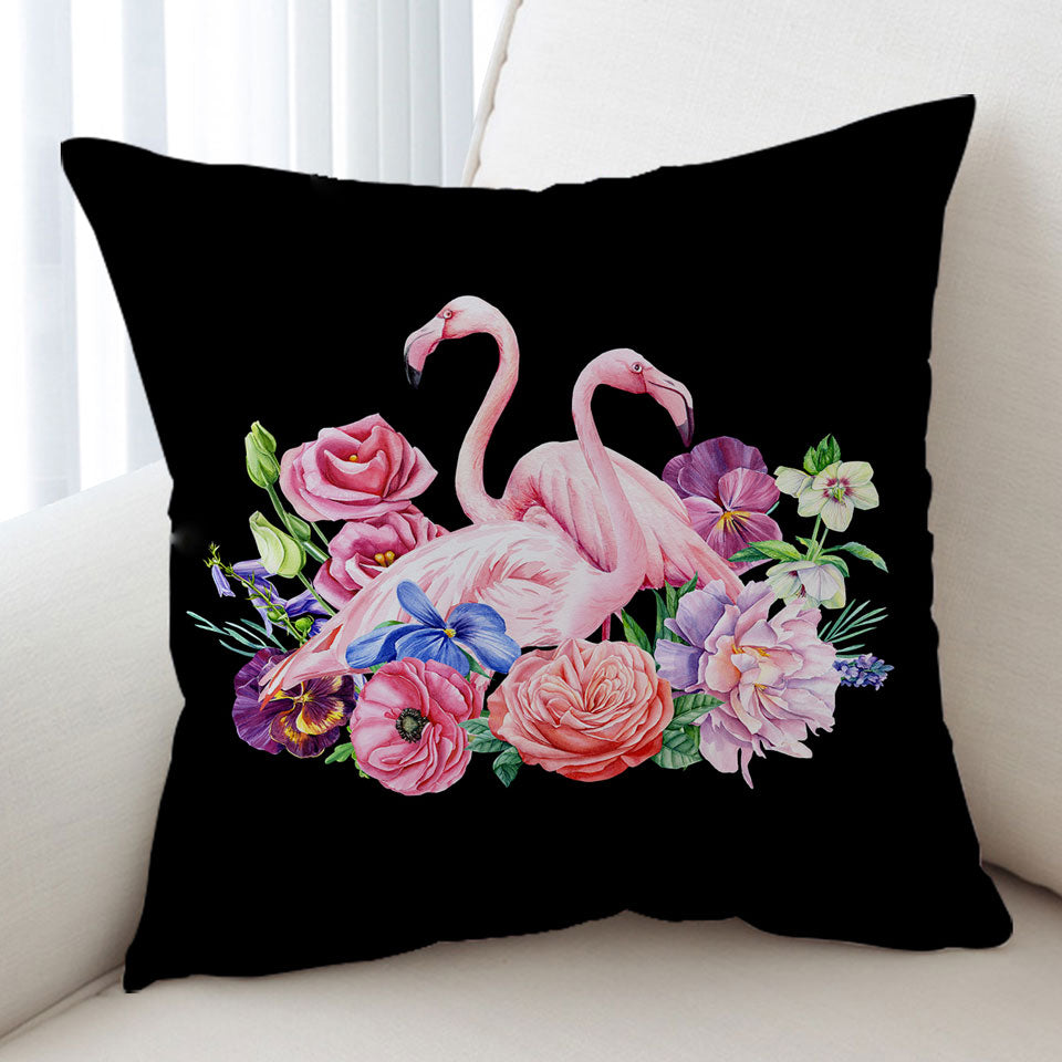 Cushion with Flamingos and Flowers over Black