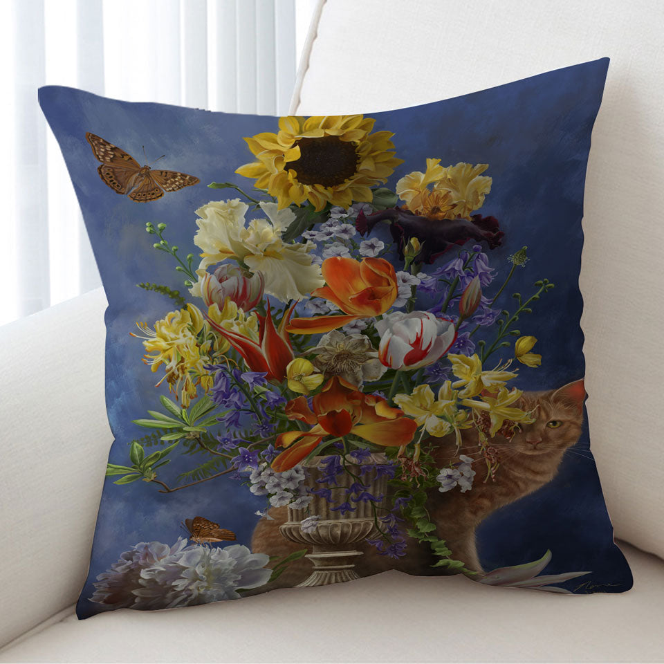 Cushions With Cats Art Colorful Flower Bouquet and Cat