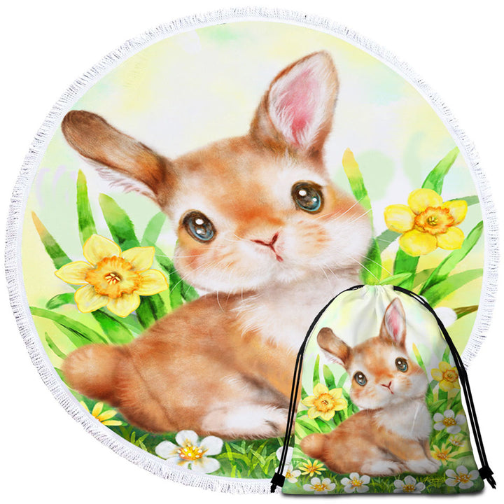 Cute Animal Art Bunny Beach Towels in the Flower Garden