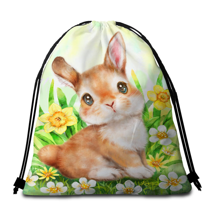 Cute Animal Art Bunny Packable Beach Towel in the Flower Garden