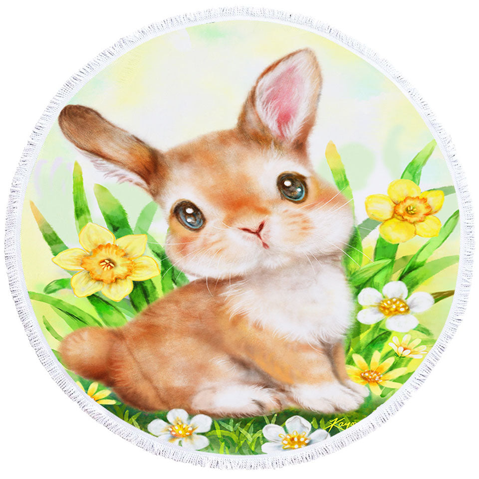 Cute Animal Art Bunny Round Beach Towel in the Flower Garden