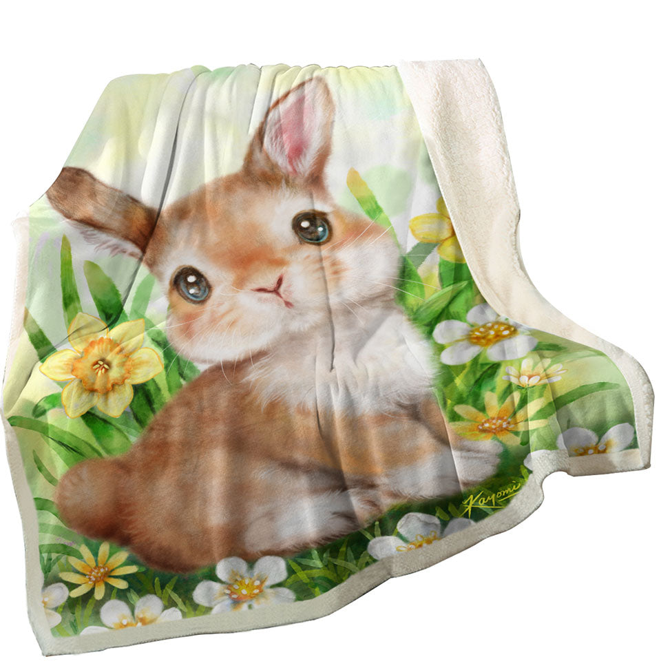 Cute Animal Art Bunny Sherpa Blanket in the Flower Garden