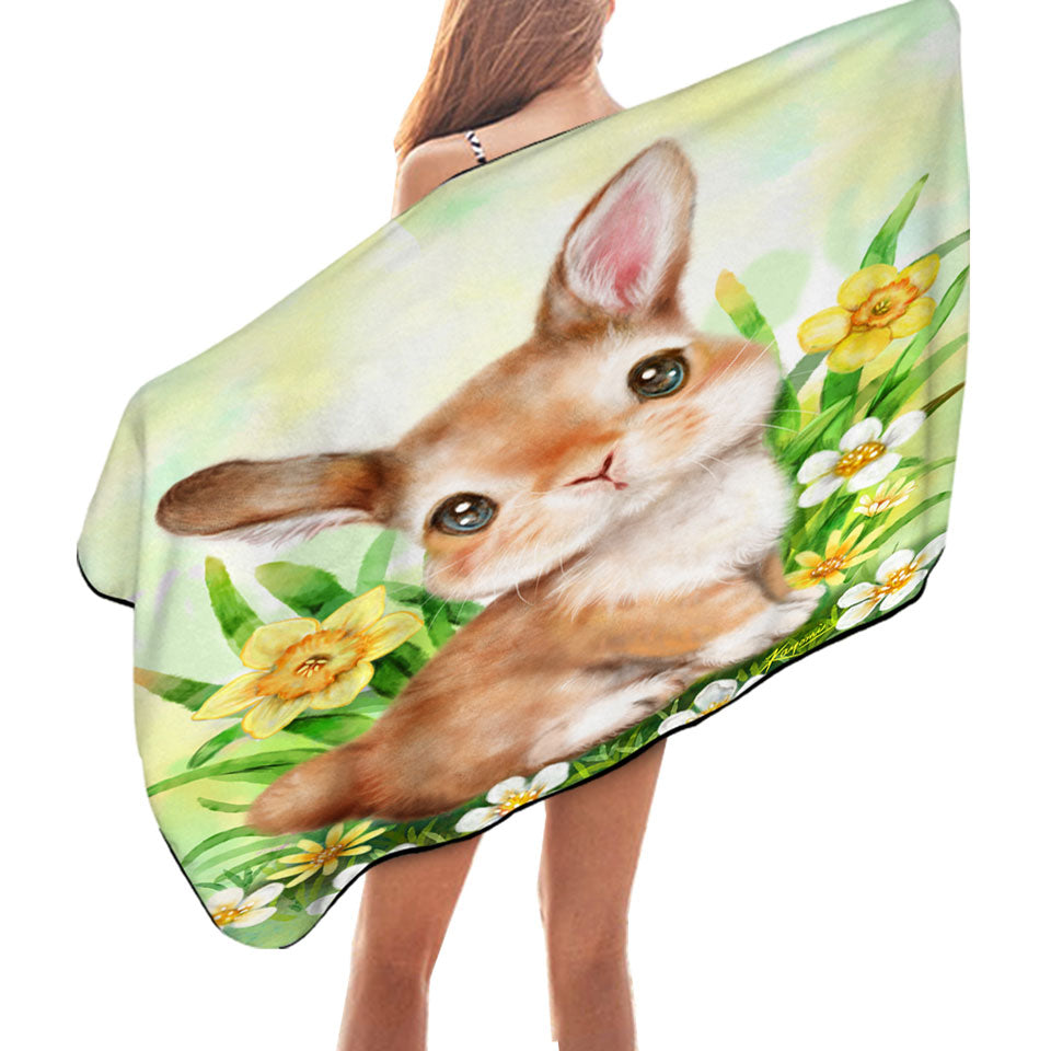 Cute Animal Art Bunny Swims Towel in the Flower Garden