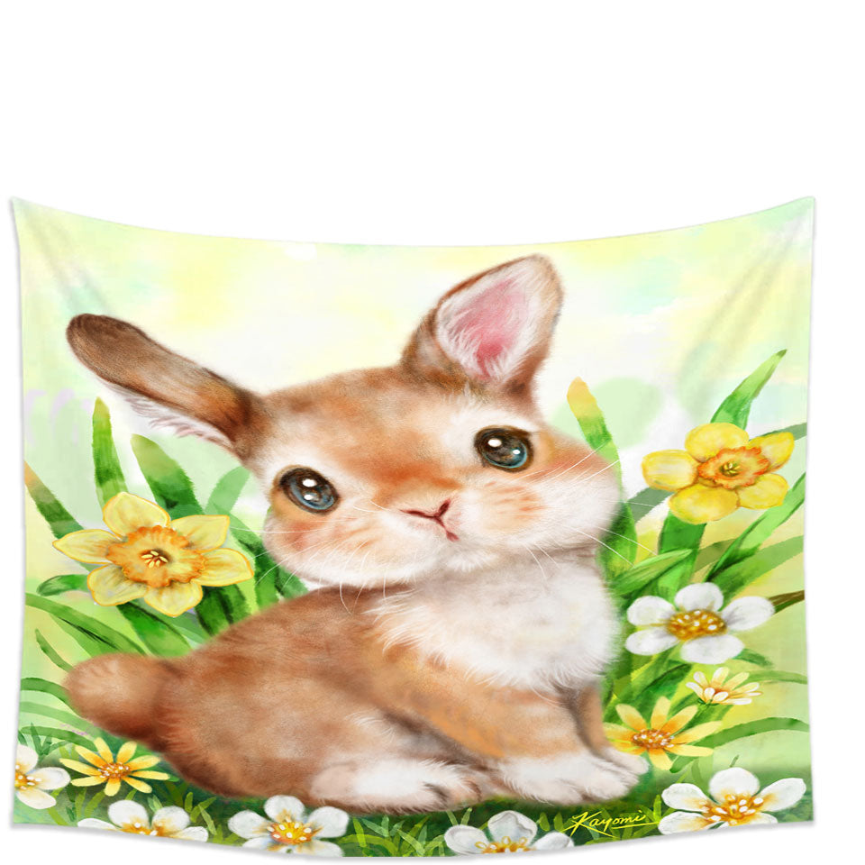 Cute Animal Art Bunny Tapestry in the Flower Garden