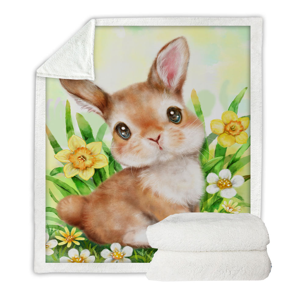 Cute Animal Art Bunny Throw Blanket in the Flower Garden