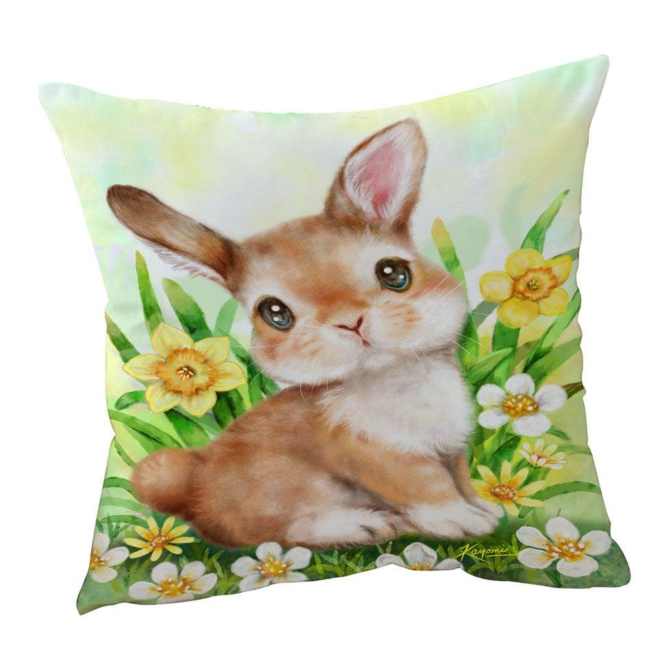 Cute Animal Art Bunny throw Pillow in the Flower Garden