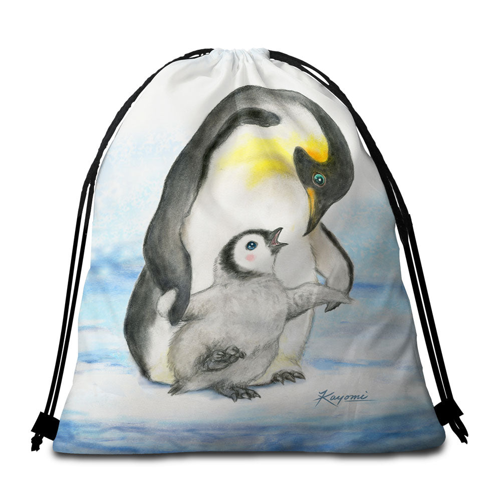 Cute Animal Art Drawings Penguins Beach Bags and Towels Holding Hands
