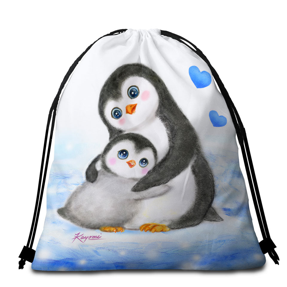 Cute Animal Art Drawings Penguins Beach Towel Bags Mom and Baby