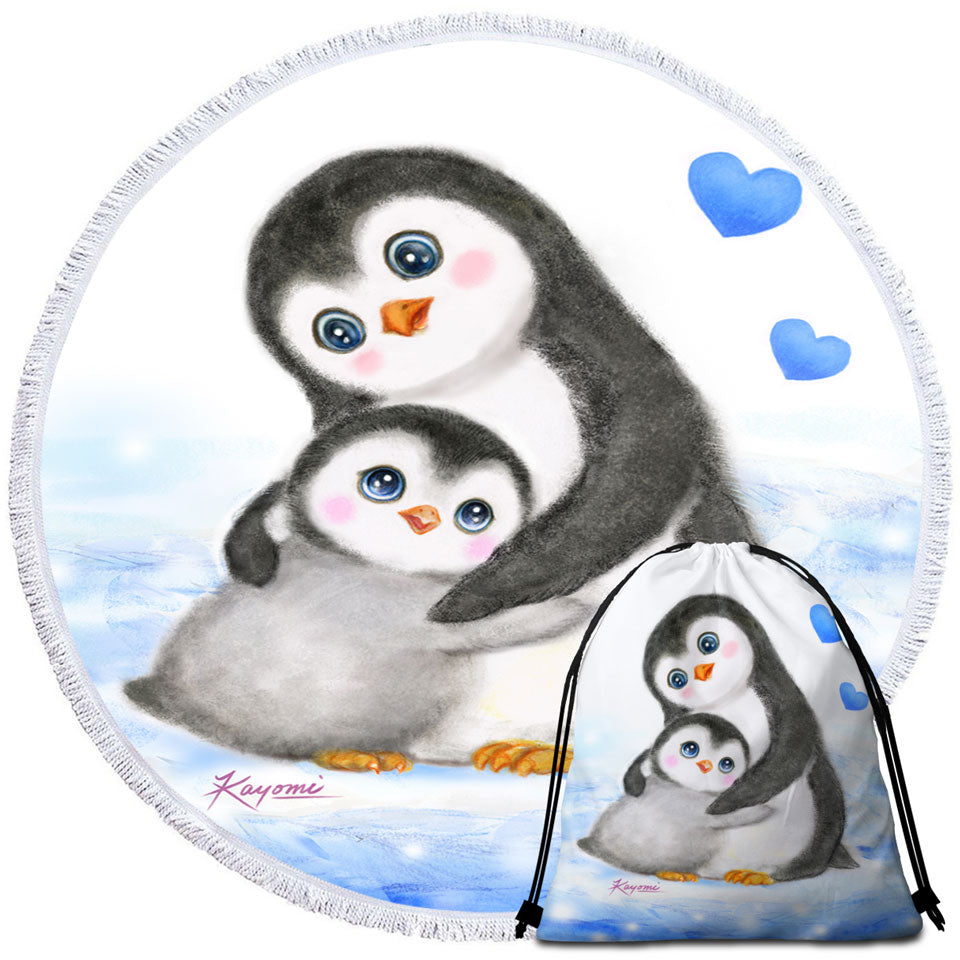 Cute Animal Art Drawings Penguins Beach Towels Mom and Baby