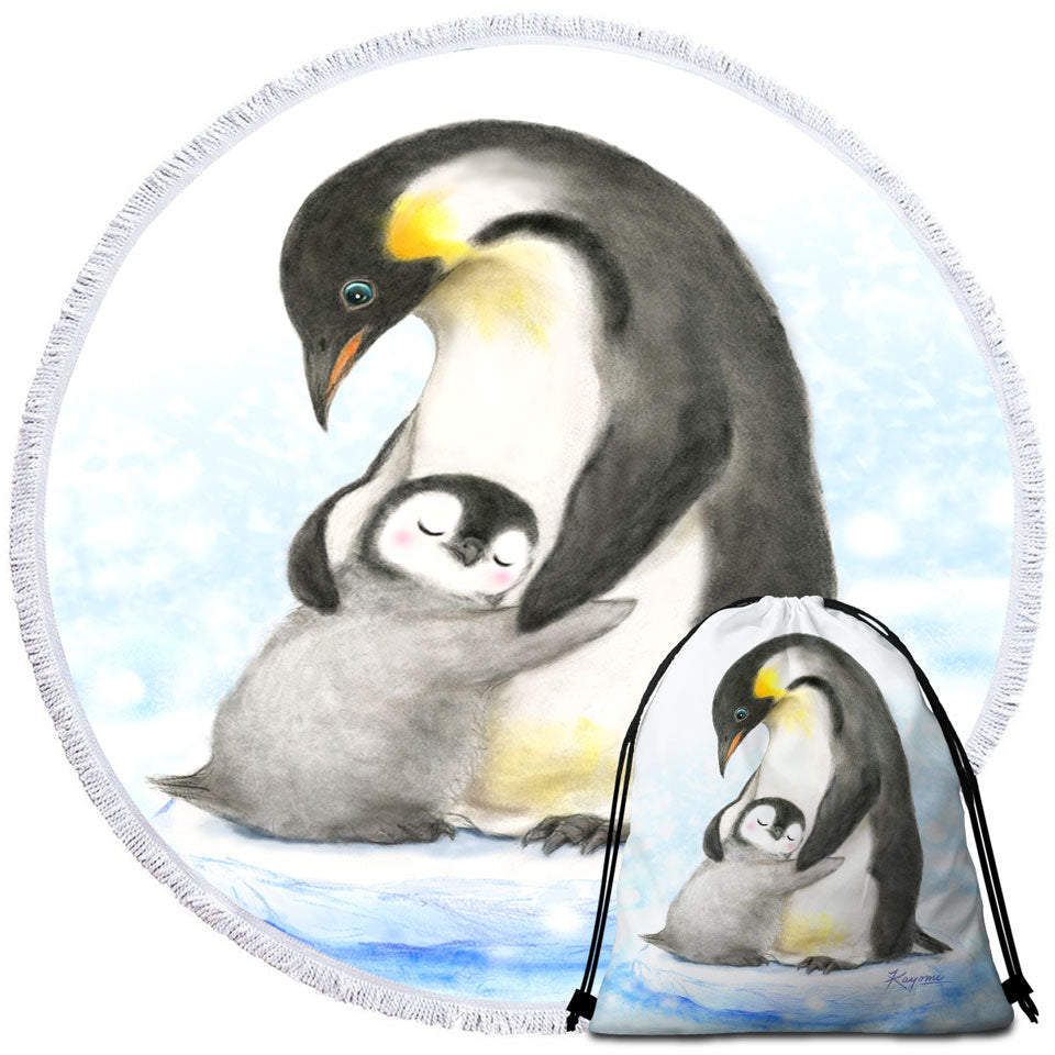 Cute Animal Art Drawings Penguins Beach Towels and Bags Set