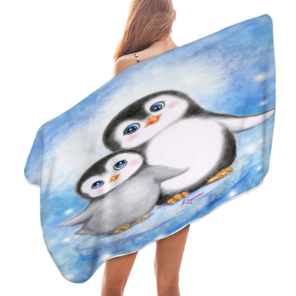 Cute Animal Art Drawings Penguins Beach Towels