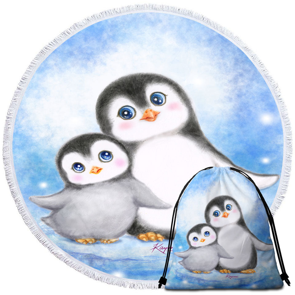 Cute Animal Art Drawings Penguins Circle Beach Towel