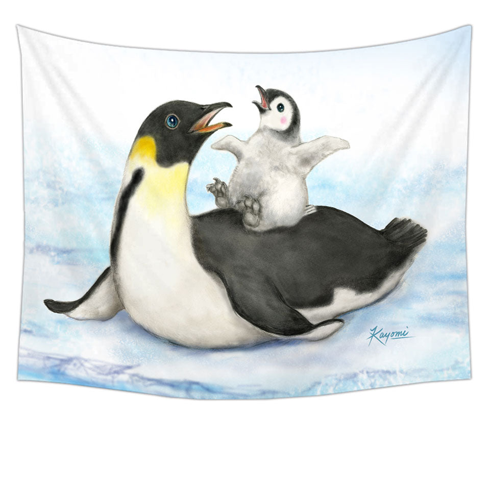 Cute Animal Art Drawings Penguins Hanging Fabric On Wall
