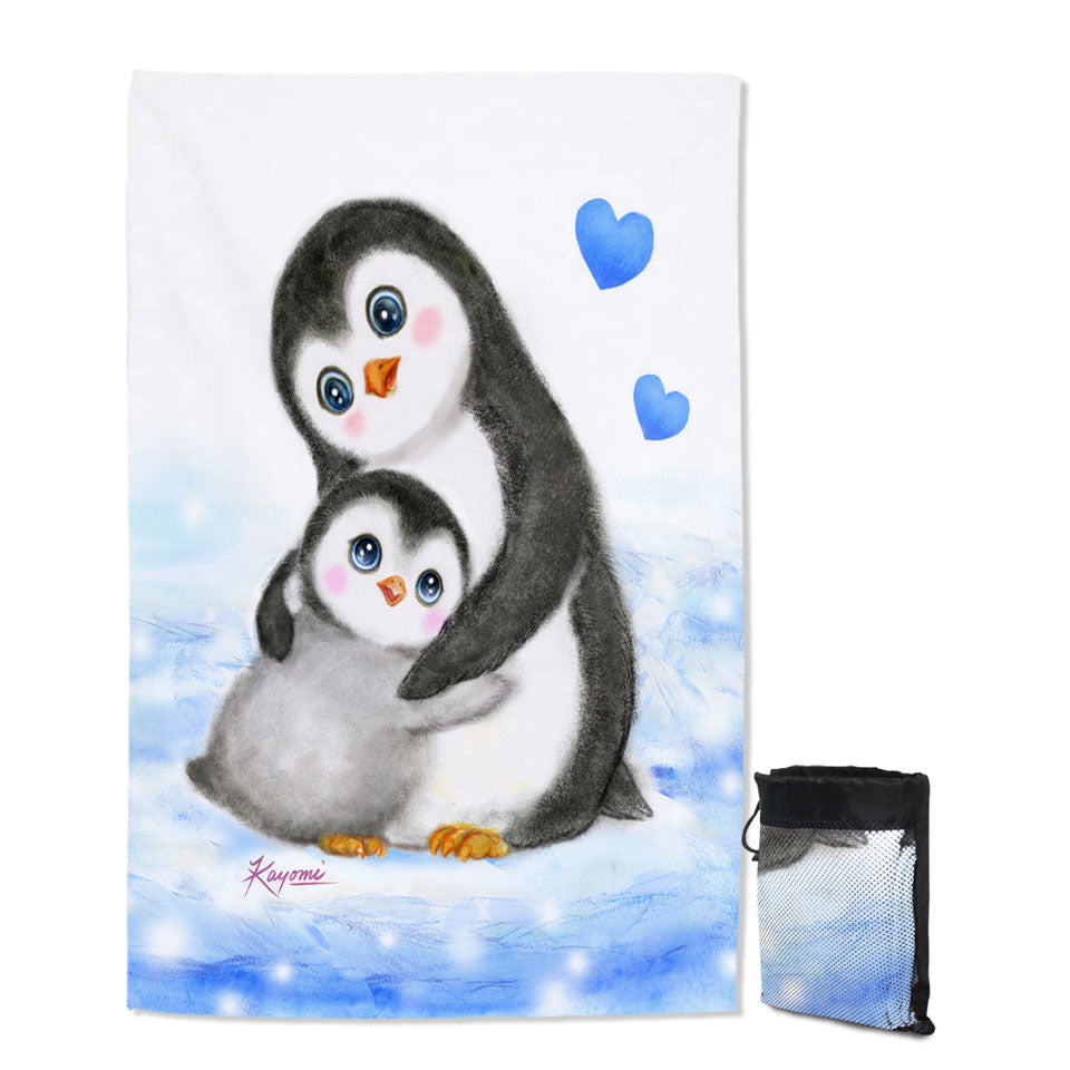 Cute Animal Art Drawings Penguins Lightweight Beach Towel Mom and Baby