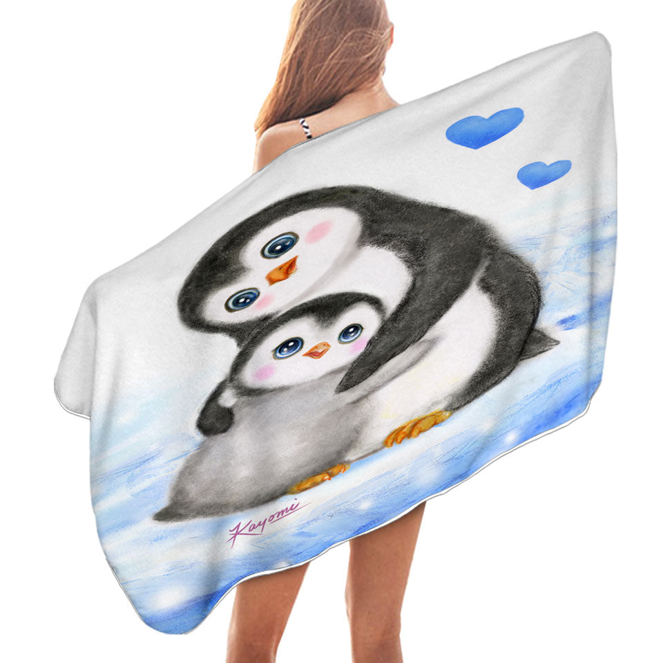 Cute Animal Art Drawings Penguins Microfiber Beach Towel Mom and Baby