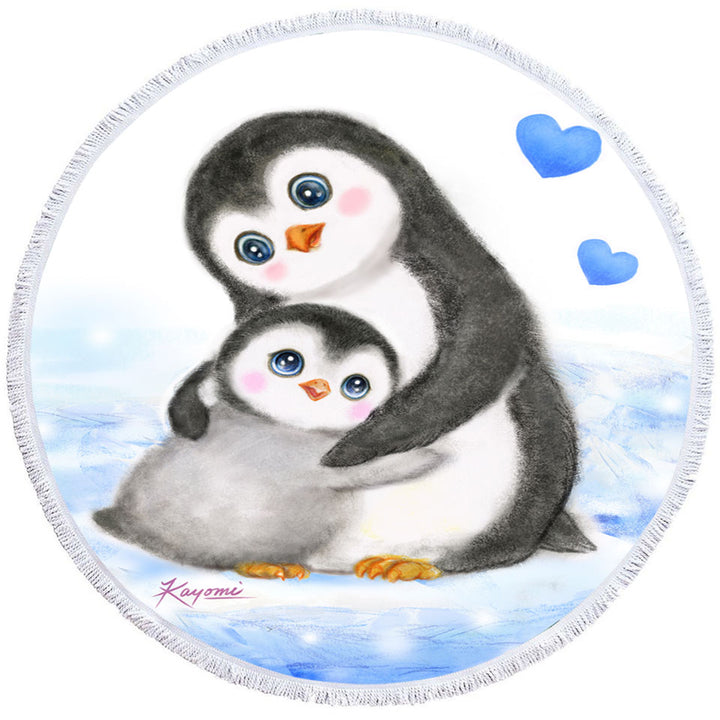 Cute Animal Art Drawings Penguins Round Beach Towel Mom and Baby