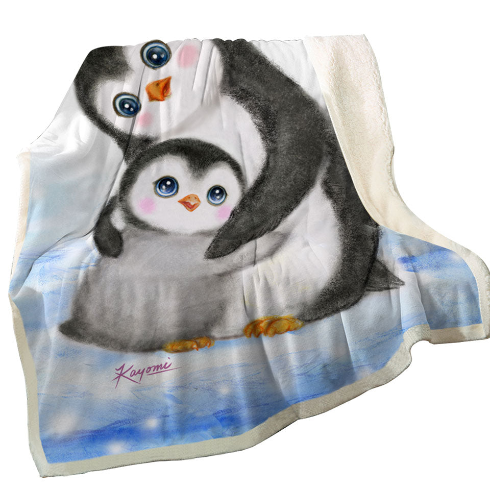 Cute Animal Art Drawings Penguins Sherpa Blanket Mom and Baby