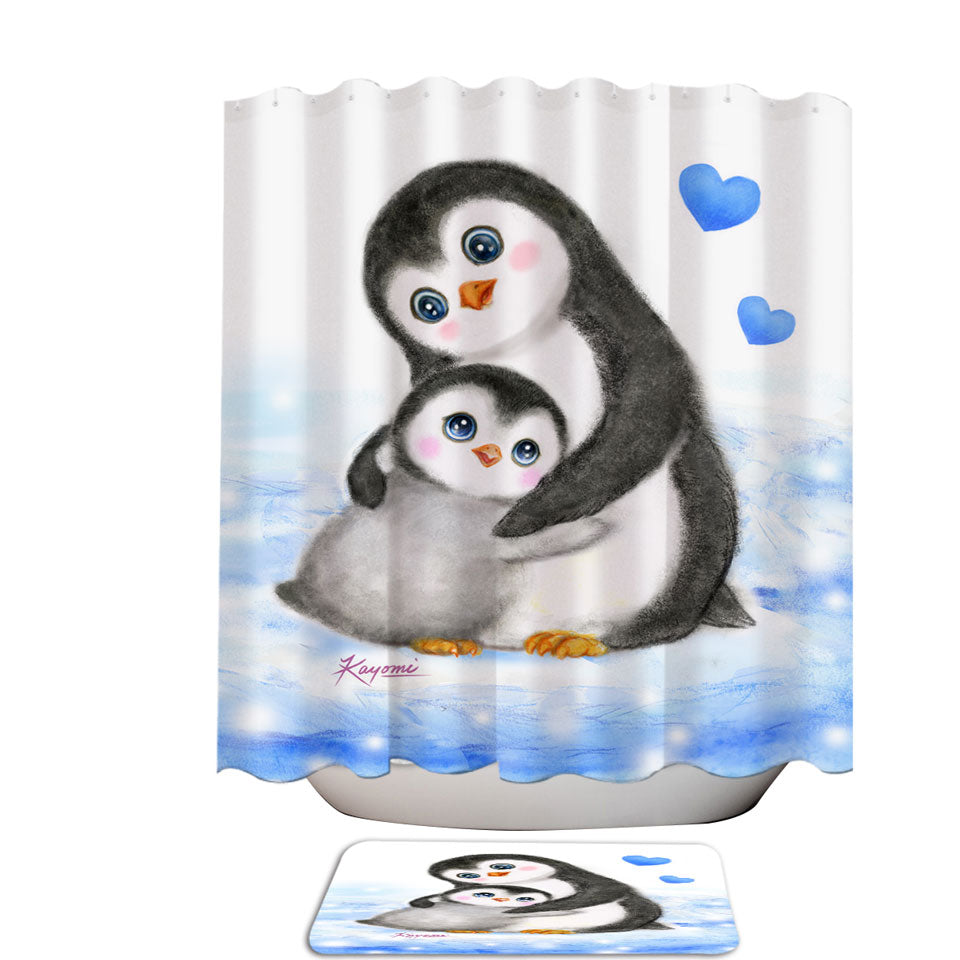Cute Animal Art Drawings Penguins Shower Curtains Mom and Baby