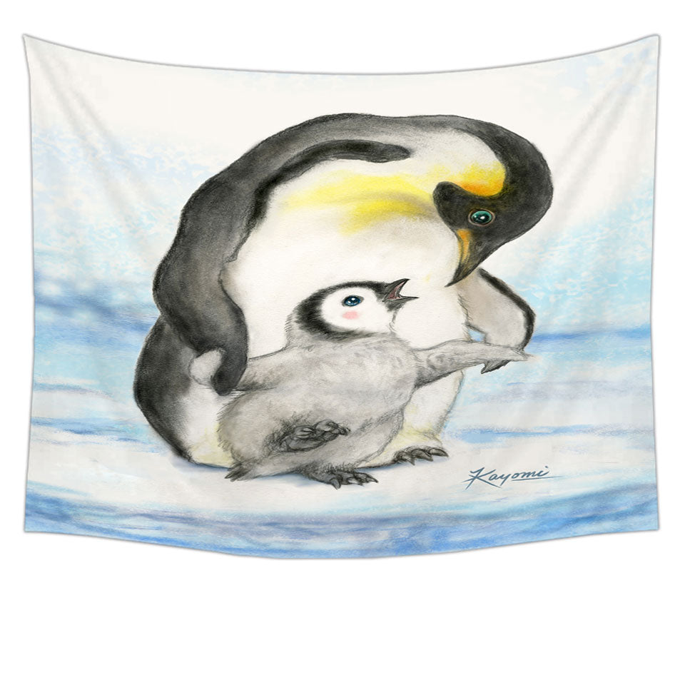 Cute Animal Art Drawings Penguins Tapestry Wall Hanging Holding Hands