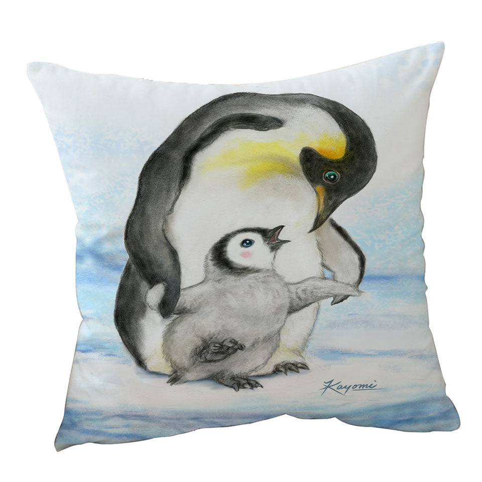 Cute Animal Art Drawings Penguins Throw Cushions Holding Hands