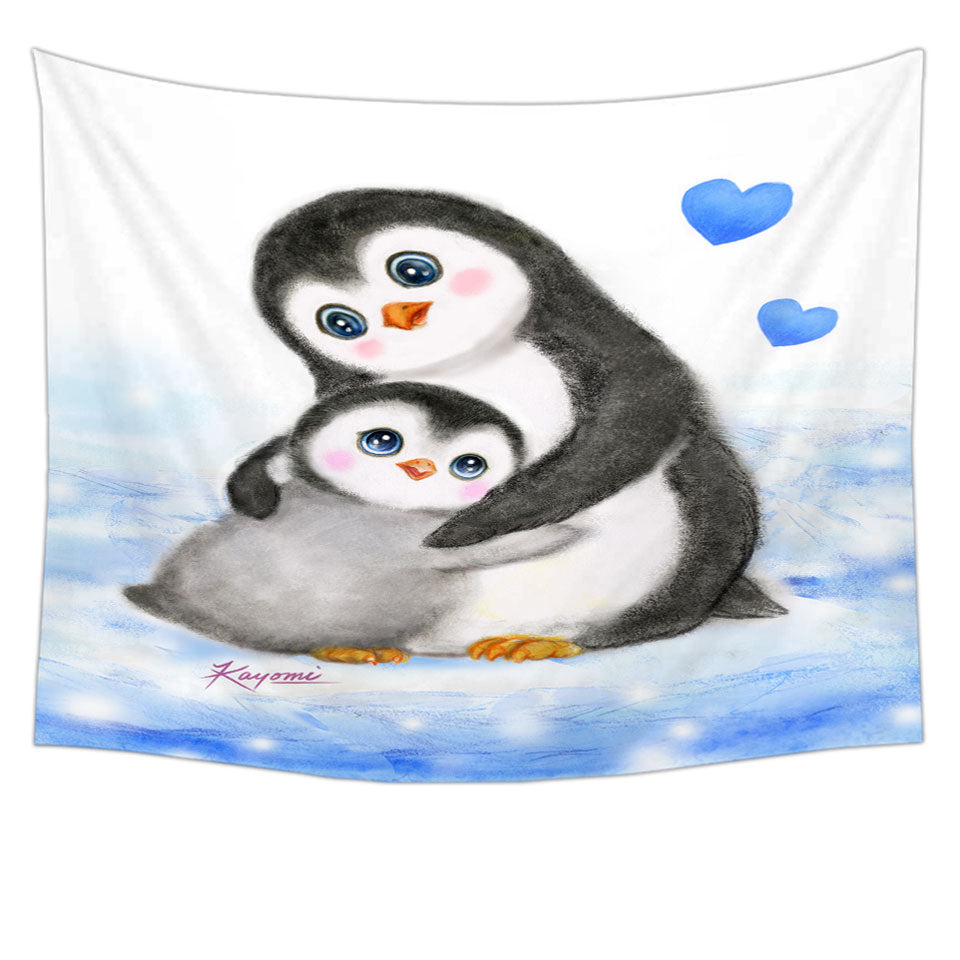 Cute Animal Art Drawings Penguins Wall Tapestry Decor Mom and Baby