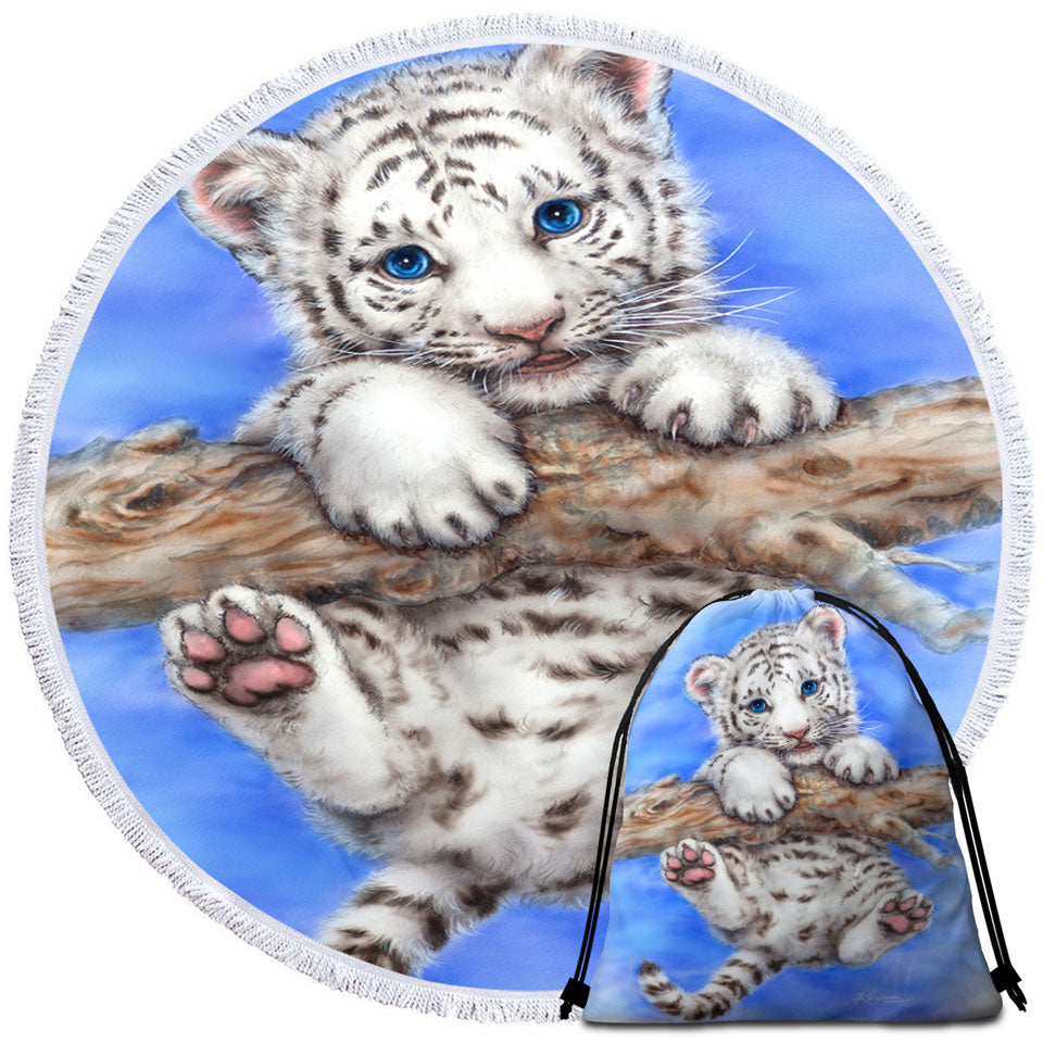 Cute Animal Beach Bags and Towels Unique Beach Towels Art White Tiger Cub Adventure