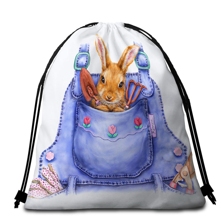 Cute Animal Beach Towel Bags Art Bunny Overall Pocket