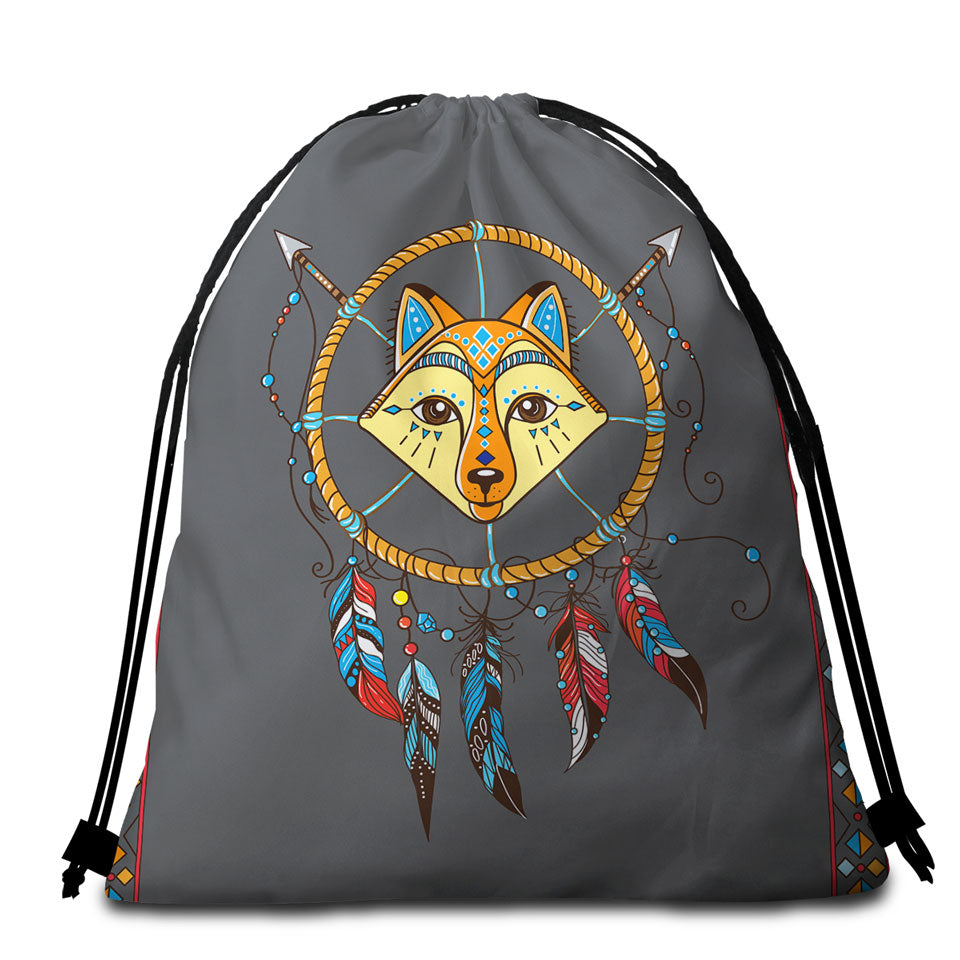 Cute Animal Beach Towel Bags with Native Fox Dream Catcher for Kids