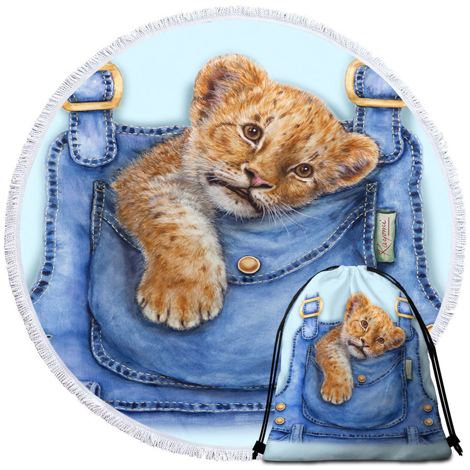 Cute Animal Beach Towels Art Lion Cub Overall Pocket