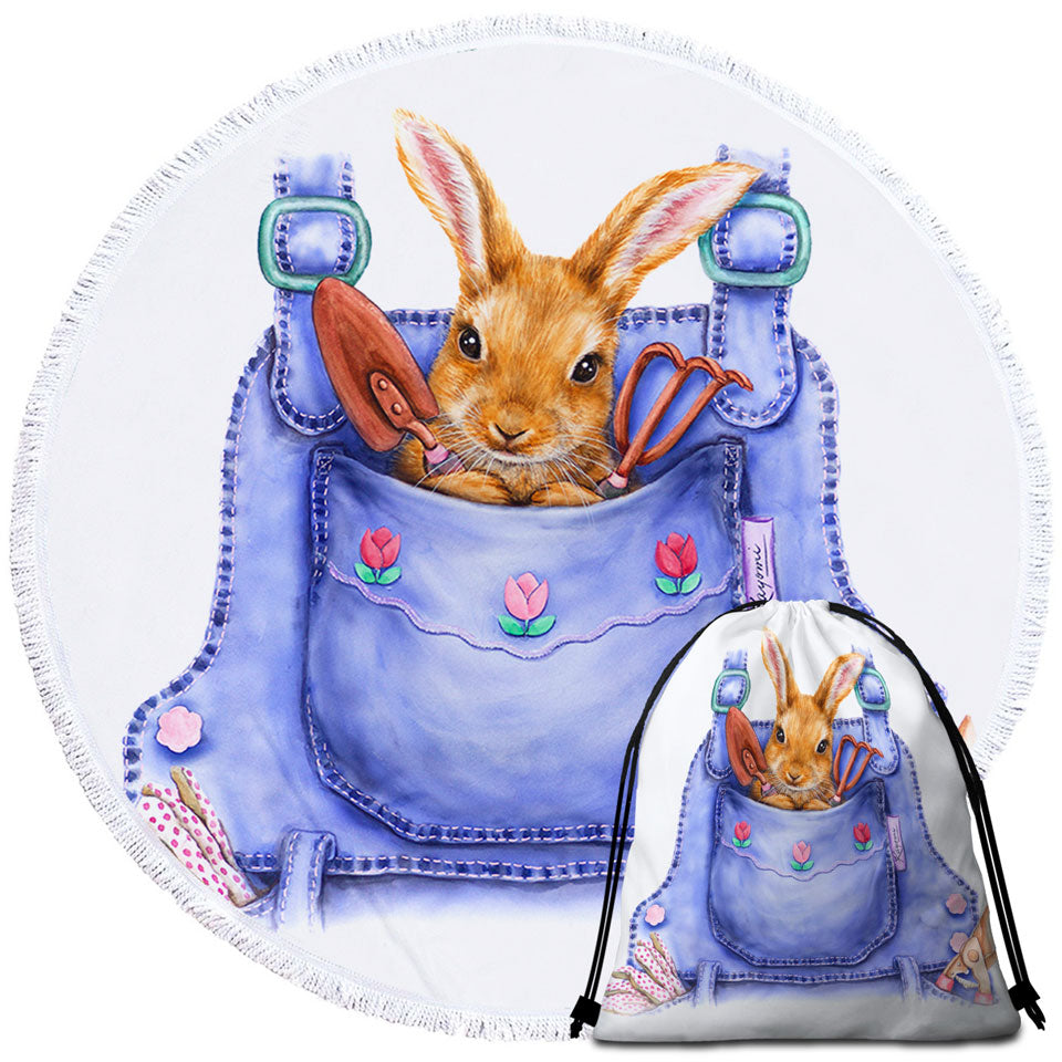 Cute Animal Circle Beach Towel Art Bunny Overall Pocket