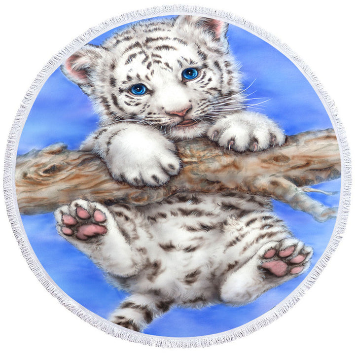 Cute Animal Circle Beach Towel Art White Tiger Cub Adventure