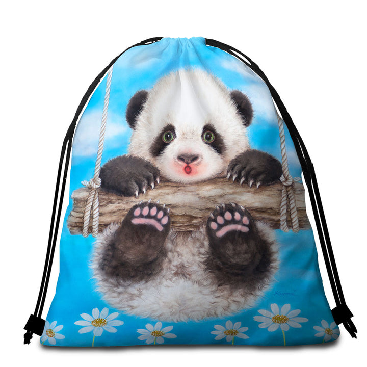 Cute Animal Drawing Panda Swing Beach Towel Bags