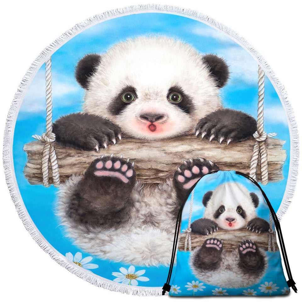 Cute Animal Drawing Panda Swing Round Beach Towel