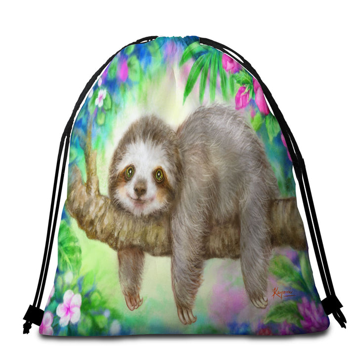 Cute Animal Drawing Sloth Beach Towel Bags